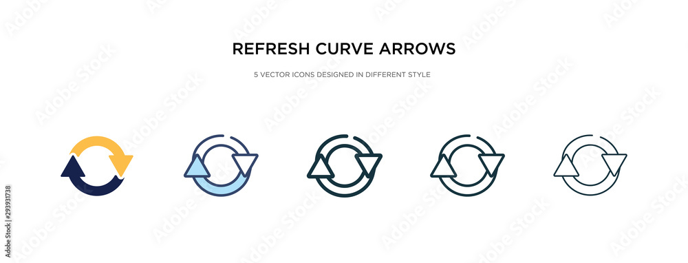 refresh curve arrows icon in different style vector illustration. two colored and black refresh curve arrows vector icons designed in filled, outline, line and stroke style can be used for web,