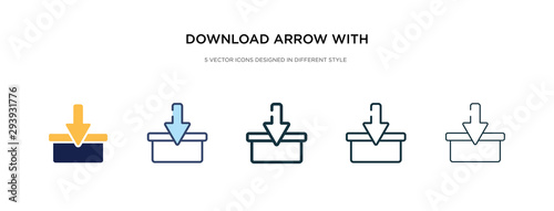 download arrow with bar icon in different style vector illustration. two colored and black download arrow with bar vector icons designed in filled, outline, line and stroke style can be used for