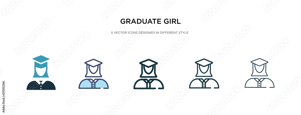 graduate girl icon in different style vector illustration. two colored and black graduate girl vector icons designed in filled, outline, line and stroke style can be used for web, mobile, ui graduate girl icon in different style vector illustration. two colored and black graduate girl vector icons designed in filled, outline, line and stroke style can be used for web, mobile, ui