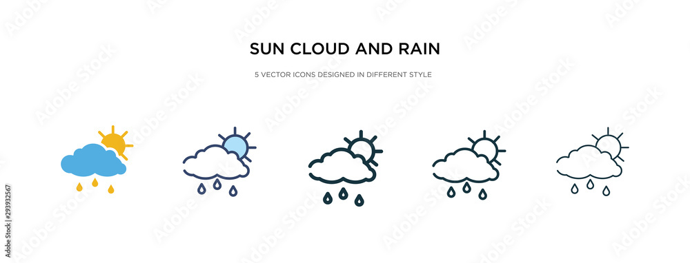 sun cloud and rain icon in different style vector illustration. two colored and black sun cloud and rain vector icons designed in filled, outline, line stroke style can be used for web, mobile, ui sun cloud and rain icon in different style vector illustration. two colored and black sun cloud and rain vector icons designed in filled, outline, line stroke style can be used for web, mobile, ui