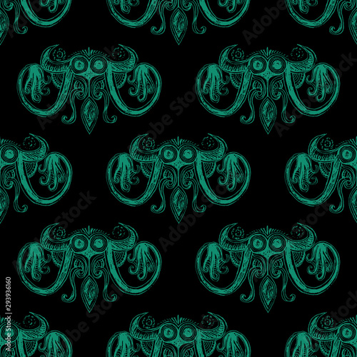 Seamless repeating pattern with fantastic sea monsters. Based on ancient Greek Minoan octopus motif. Lovecraftian horror style. photo