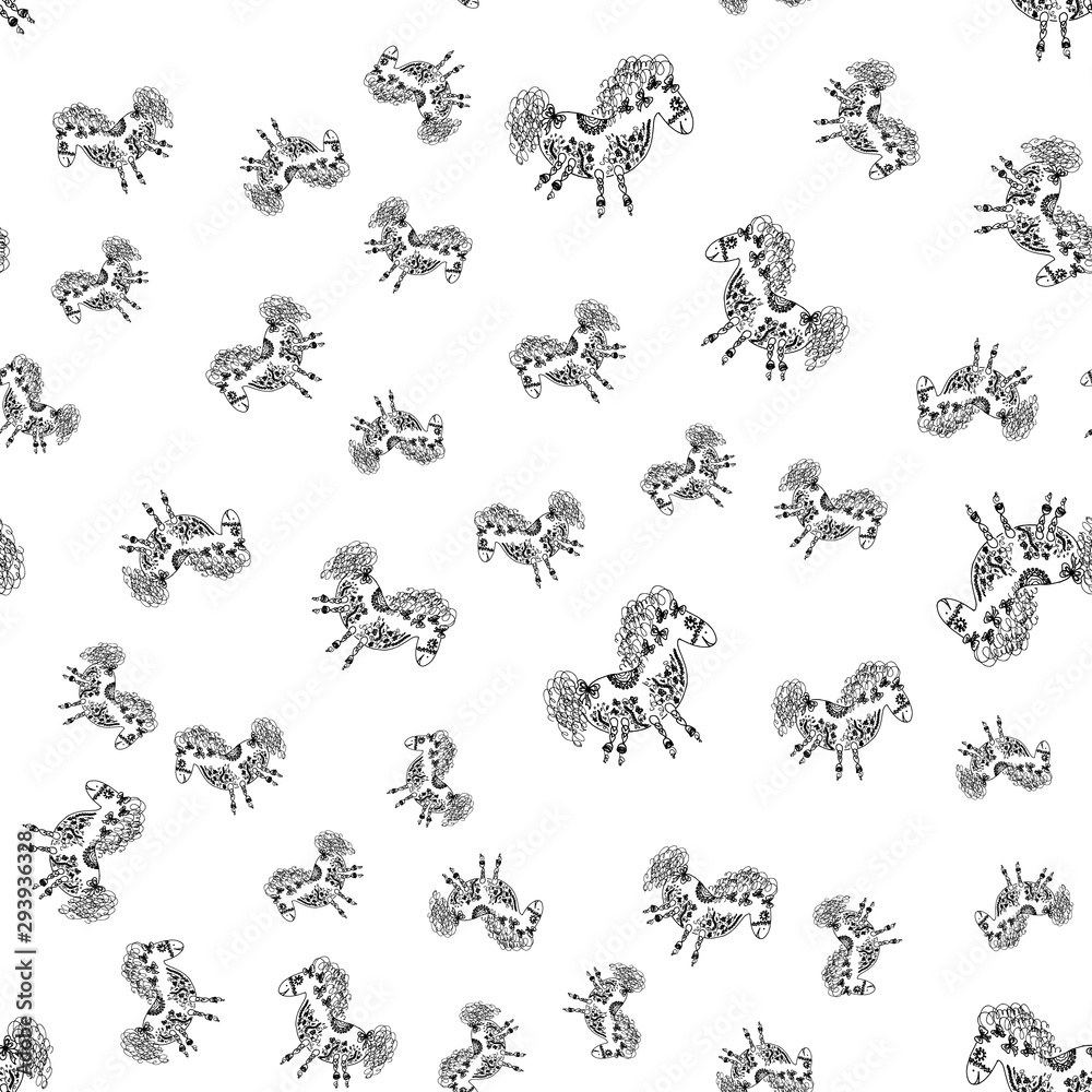 Seamless pattern of outline horse. Doodle seamless pattern of outline horse with floral elements on white background. Child illustration. Floral ornament. Vector design. Vector illustration Seamless pattern of outline horse. Doodle seamless pattern of outline horse with floral elements on white background. Child illustration. Floral ornament. Vector design. Vector illustration