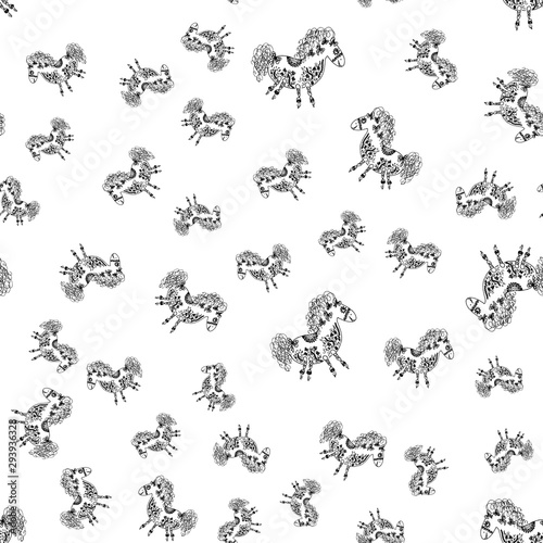 Seamless pattern of outline horse. Doodle seamless pattern of outline horse with floral elements on white background. Child illustration. Floral ornament. Vector design. Vector illustration © aifeati