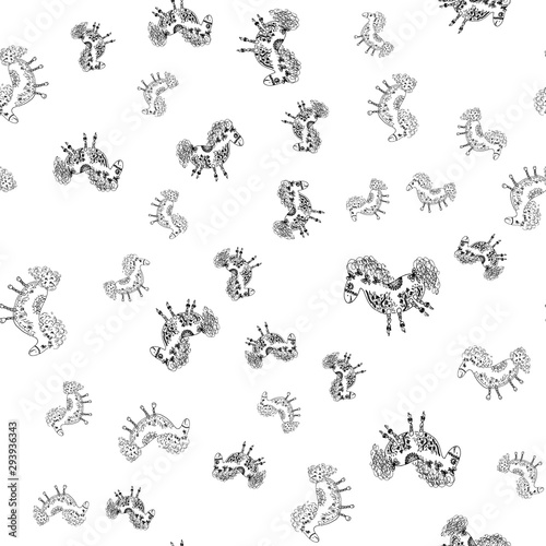 Seamless pattern of outline horse. Doodle seamless pattern of outline horse with floral elements on white background. Child illustration. Floral ornament. Vector design. Vector illustration