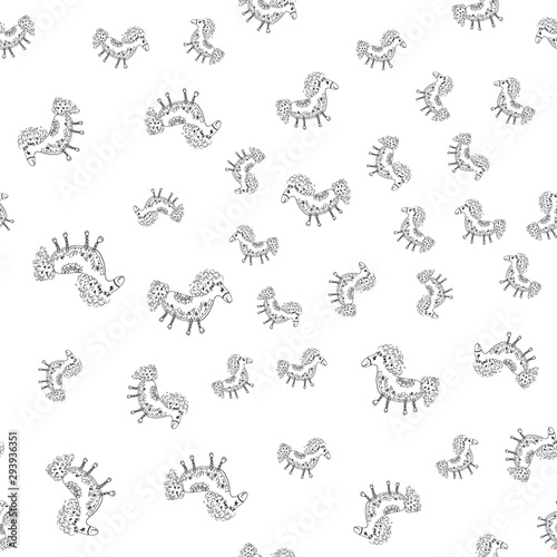 Seamless pattern of outline horse. Doodle seamless pattern of outline horse with floral elements on white background. Child illustration. Floral ornament. Vector design. Vector illustration © aifeati