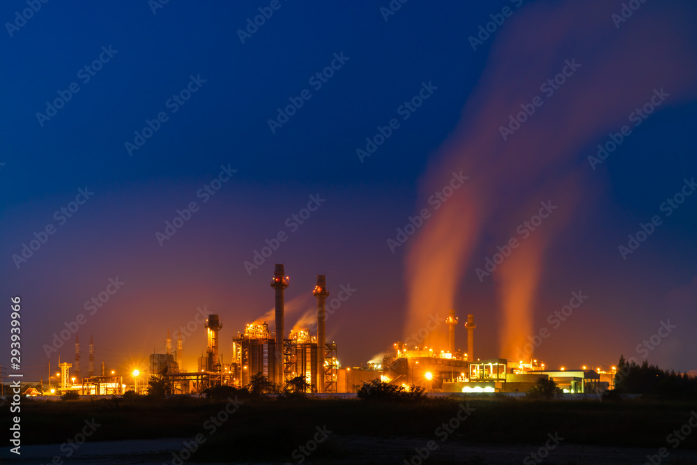 Petrochemical plant at sunset, Twilight and Night.