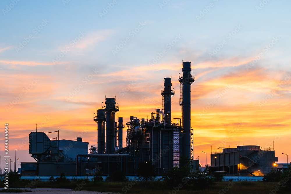 Petrochemical plant at sunset, Twilight and Night.