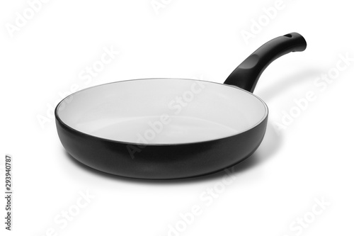 Black pan with white ceramic coating on a white background