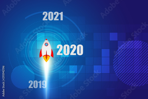 2020 New Year. Rocket on space