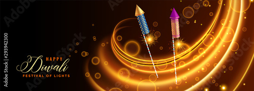 happy diwali celebration banner with rocket cracker and lights