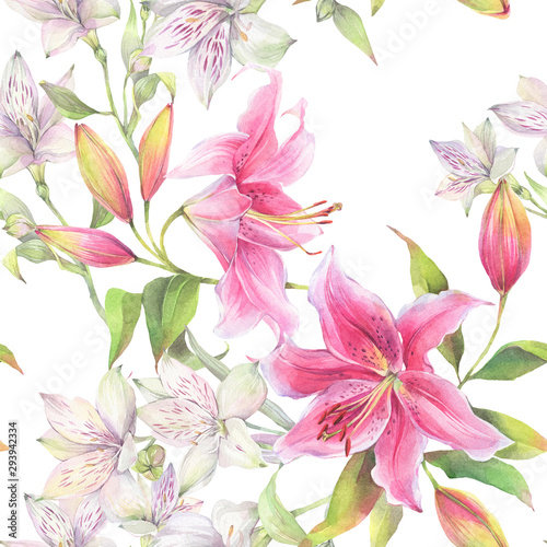 Seamless floral pattern of lily flowers  and alstroemeria. Hand painted watercolor illustration. © Aleksandra Foster