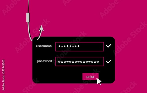 Illustration on burgundy background with the theme of hacked. Login. Phishing attack. Fish hook. Username and password.