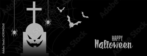black halloween banner with grave spider and flying bats
