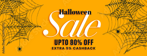 yellow halloween sale banner with spider web