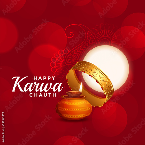 happy karwa chauth beautiful red background with full moon photo
