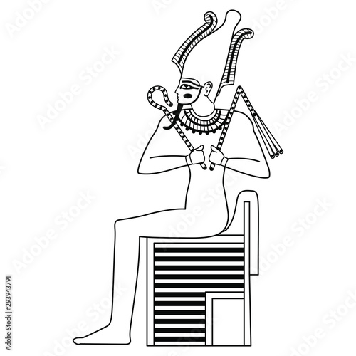 Isolated vector illustration. Ancient Egyptian god Osiris sitting on throne. Black and white linear silhouette.