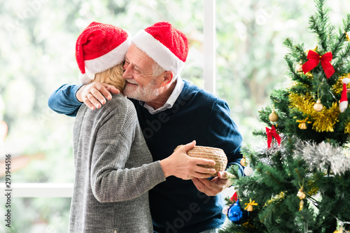 Senior couple decorate christmas tree. Caucasian man and woman in living room. Hugging.