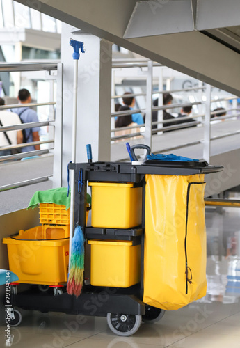 Closeup of janitorial, cleaning equipment and tools for floor cleaning. Vertical view.