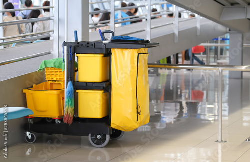 Closeup of janitorial, cleaning equipment and tools for floor cleaning at the airport. 