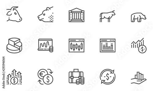 Stock market vector line icons set. Stock quotes, finance, trading, money management. Editable stroke. 48x48 Pixel Perfect.