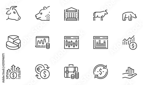 Stock market vector line icons set. Stock quotes, finance, trading, money management. Editable stroke. 48x48 Pixel Perfect.