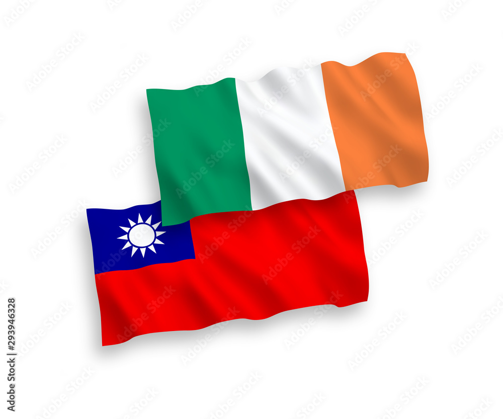 National vector fabric wave flags of Ireland and Taiwan isolated on white background. 1 to 2 proportion.