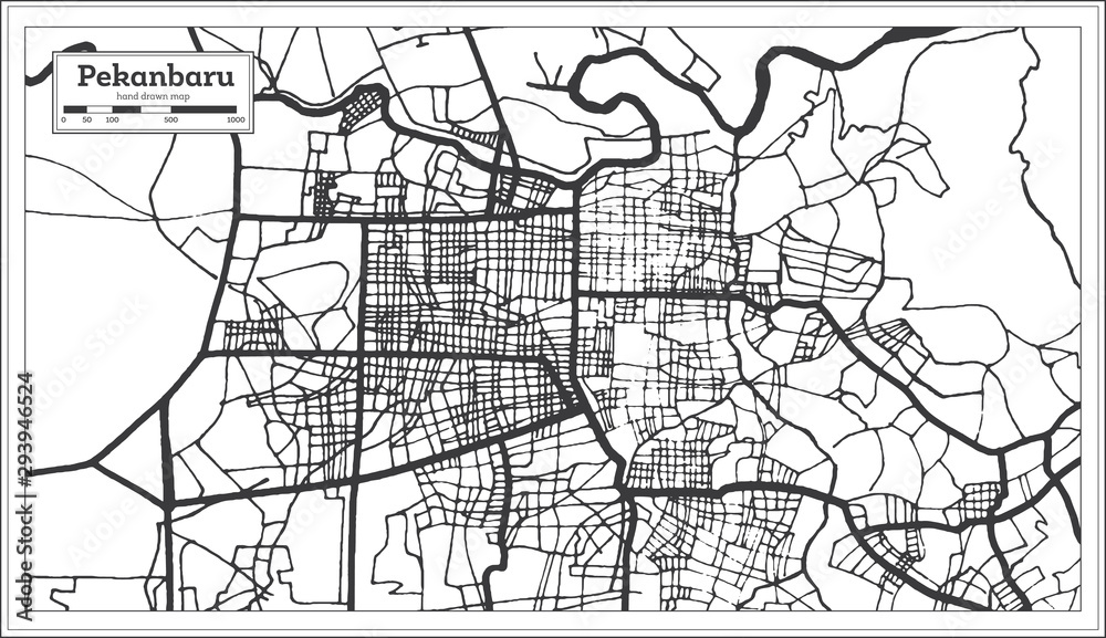 Pekanbaru Indonesia City Map in Black and White Color. Outline Map.