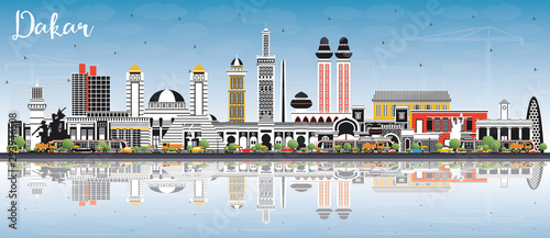 Dakar Senegal City Skyline with Color Buildings, Blue Sky and Reflections.