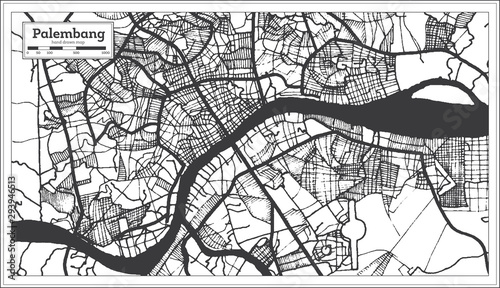 Palembang Indonesia City Map in Black and White Color. Outline Map.