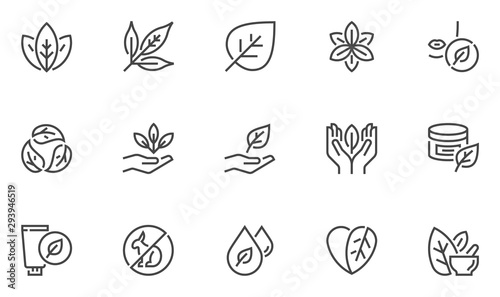 Natural and organic cosmetics vector line icons set. Skincare, no synthetic fragrance and colors, no animal testing. Editable stroke. 48x48 Pixel Perfect.