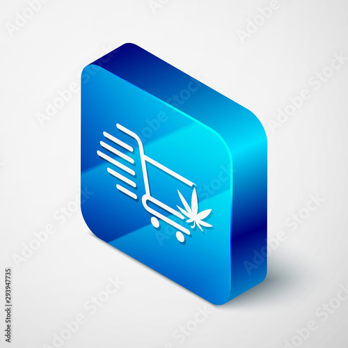 Isometric Shopping cart with marijuana or cannabis leaf icon isolated on white background. Online buying. Delivery service. Supermarket basket. Blue square button. Vector Illustration
