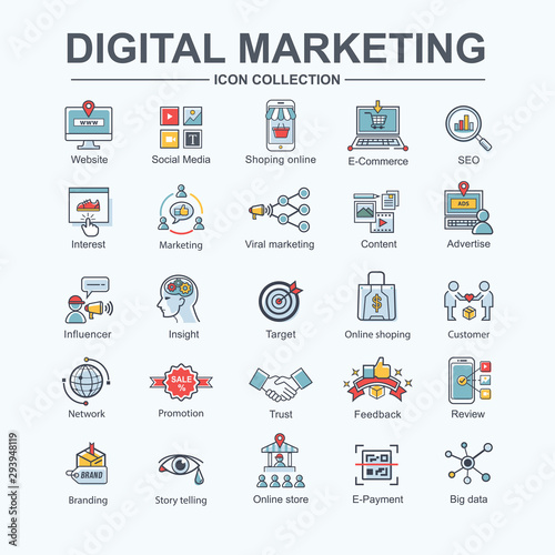 digital online marketing web icon for business and social media marketing, content marketing, strategy, viral, seo, shoping, advertise and online marketing. Minimal vector icon set.