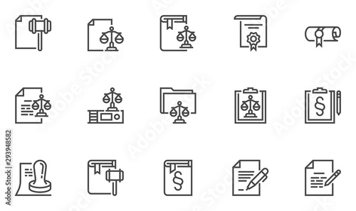 Legal documents vector line icons set. Code of laws, notary public, advocacy, certificate, license. Editable stroke. 48x48 Pixel Perfect.