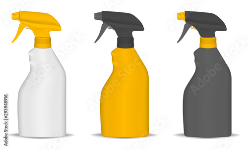 Blank plastic spray bottle set, vector mockup. Spraying container for water or cleaning products, mock-up. Trigger sprayer packaging, template. Easy to recolor
