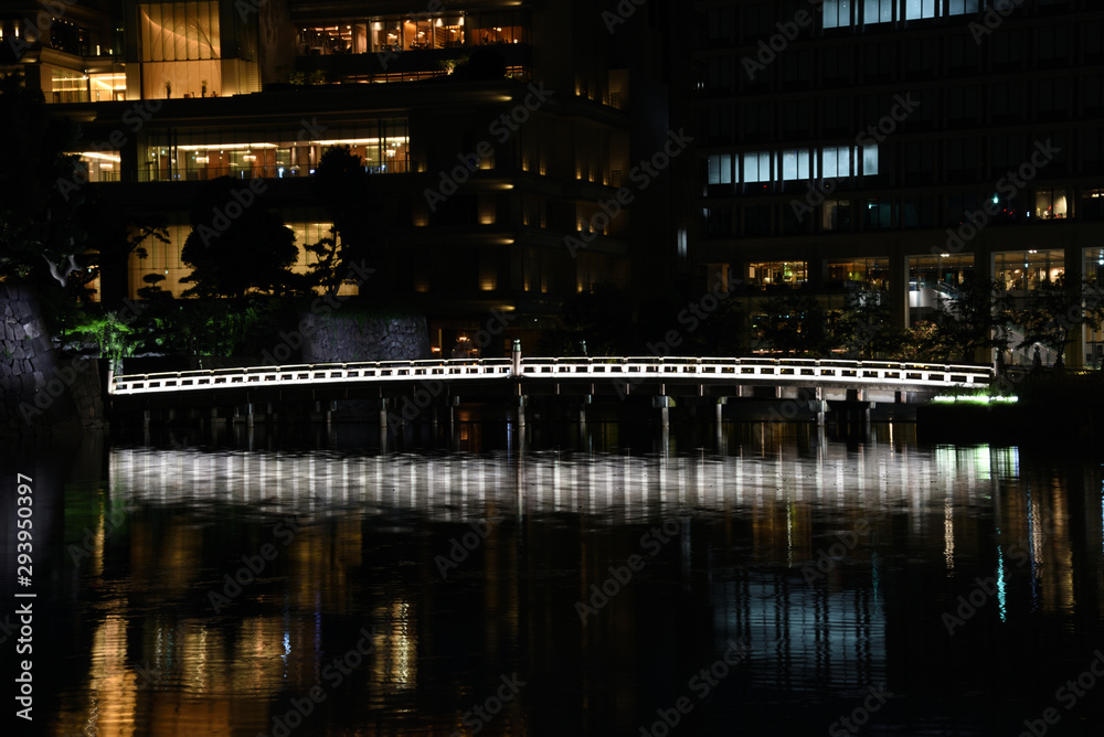 The Night View Of Tokyo Japan. Lighted Bridge Over River.