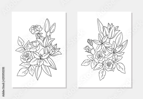 vector  floral composition lily rose flower leaf bouquet coloring page line art outline