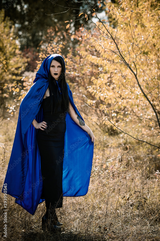 Halloween time, witchcraft, modern gothic girl in blue cloak celebrate. Good ideas for photoshots, cosplay Halloween time, witchcraft, modern gothic girl in blue cloak celebrate. Good ideas for photoshots, cosplay