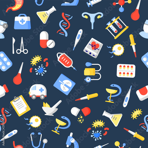 Medicine symbols cartoon vector seamless pattern. Medical