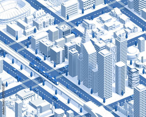 city isometric new2 darkblue with 3d rendering