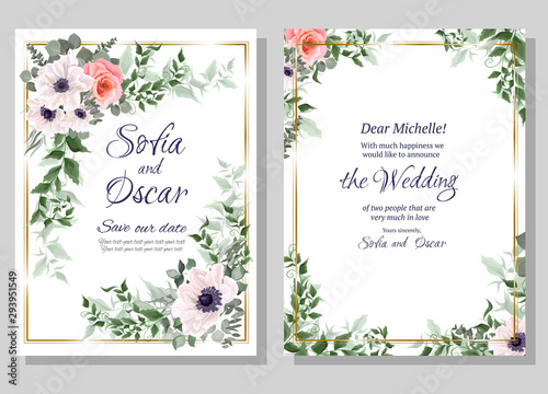 Invitation card with anemones and roses for your text