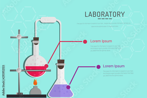 Chemical laboratory science and technology. Scientists workplace concept. Science, education, chemistry, experiment, laboratory concept. vector illustration in flat design.