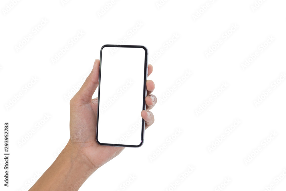 Hand holding smart phone with white screen isolated on white background Hand holding smart phone with white screen isolated on white background