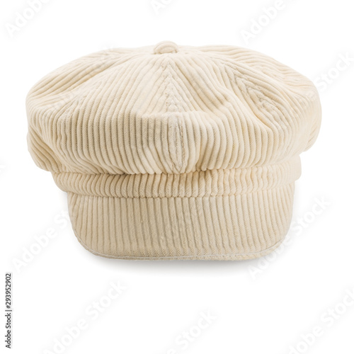 The white fabric hat Flat Cap style that the painter likes to wear on white background with clipping path.