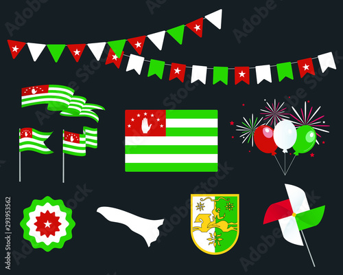 National holiday. Independence Day of Abkhazia, set of vector design elements. Map, coat of arms, flags, ribbons, turntables, sockets. Vector. September 30th. Symbolism