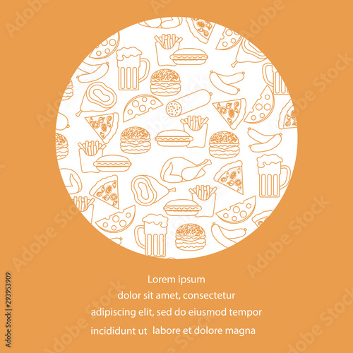 Beer, different types of food and fast food.