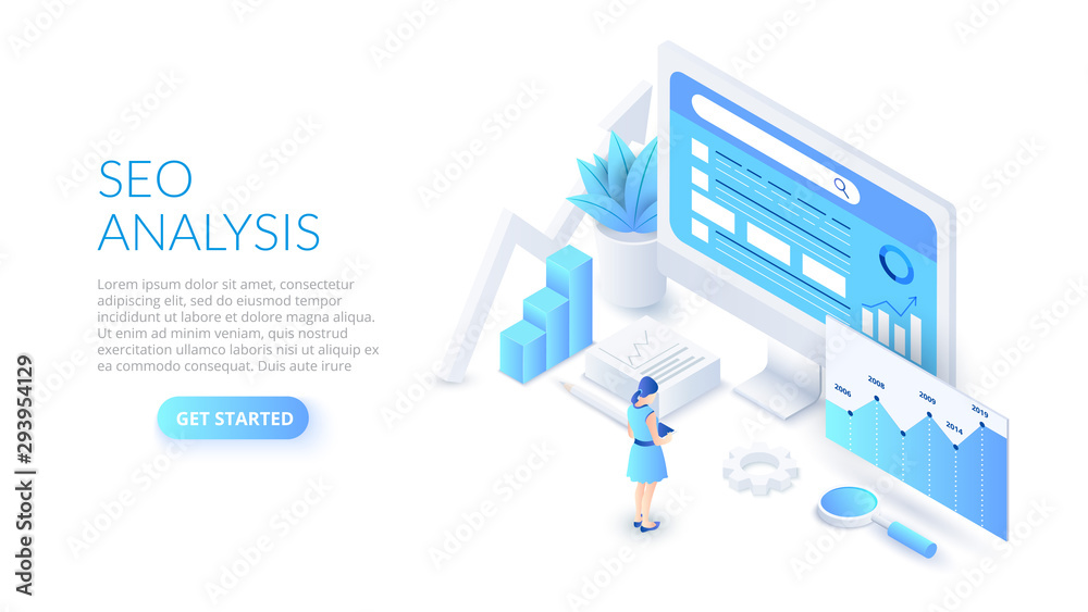 Seo analysis design concept. Isometric vector illustration. Landing page template for web. - obrazy, fototapety, plakaty 