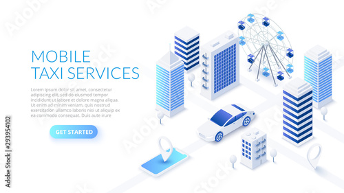 Mobile taxi service design concept with smartphone, car and city. Isometric vector illustration. Landing page template for web.