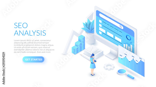 Seo analysis design concept. Isometric vector illustration. Landing page template for web.