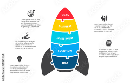 Puzzle vector rocket infographics. Startup businecc concept for chart, diagram, web design, or presentation with 5 options.