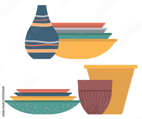 Tableware set, colorful plate, vase with lines, clay bowl and pot. Handmade dishware on white, handicraft plate and jug, ceramic souvenir, kitchen vector